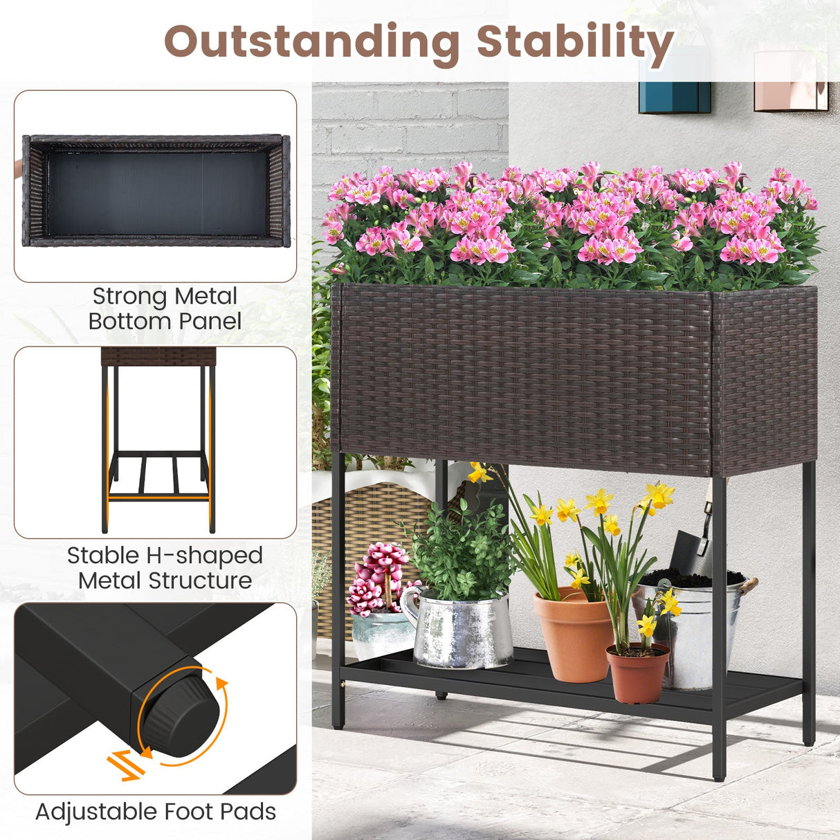 Jardinera elevada de mimbre con estante de almacenamiento y forro extraíble para flores