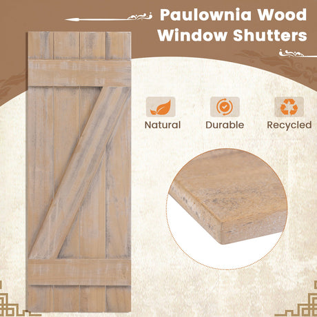 Contraventanas de madera de paulownia estilo rústico de 36 x 13 pulgadas, juego de 2 para ventanas