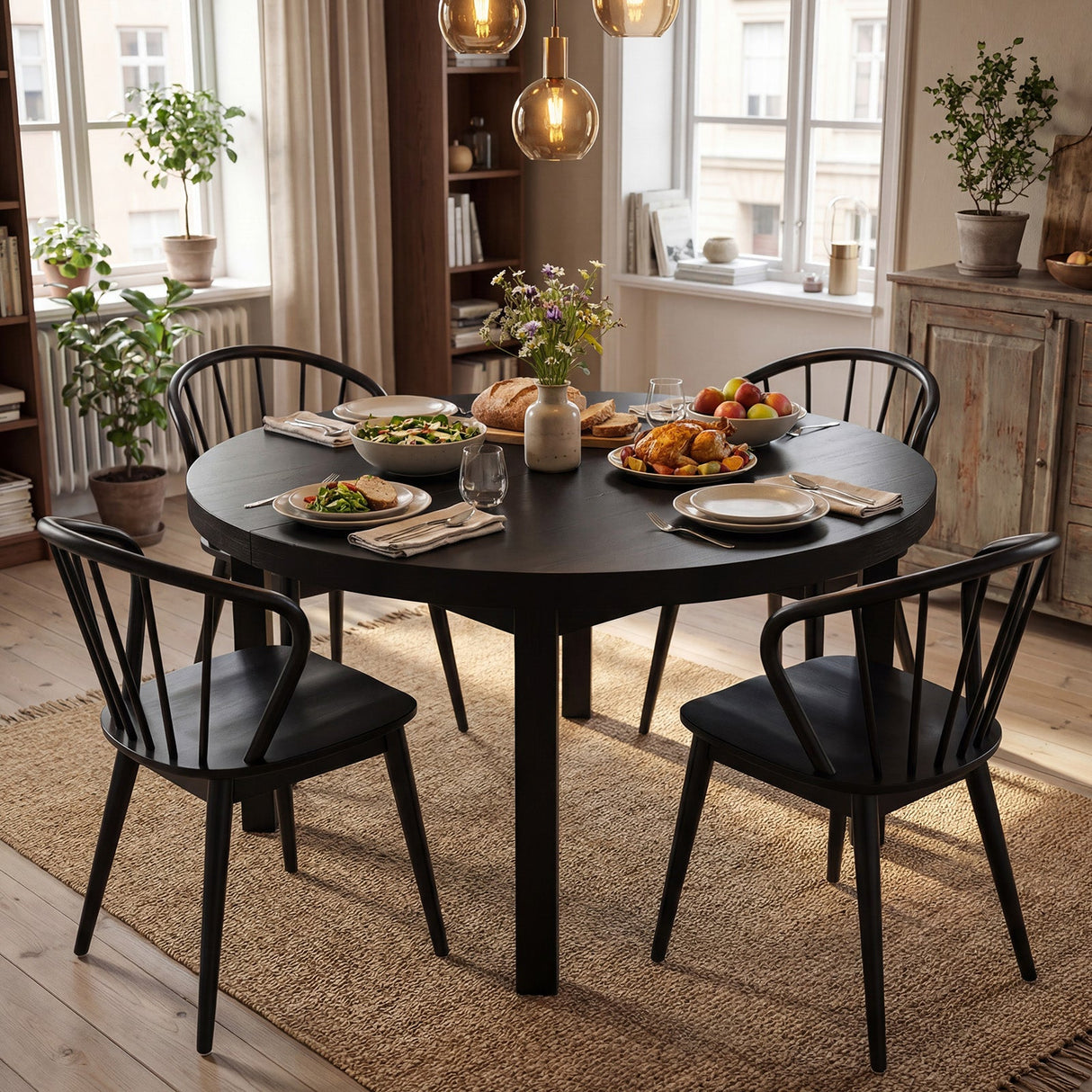 Juego de 4 sillas de comedor Windsor con respaldo de huso - Negras
