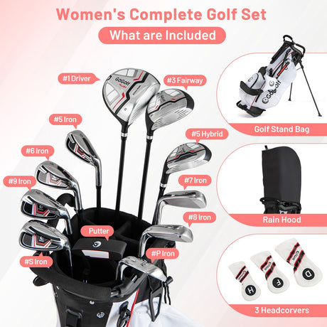 Juego completo de palos de golf y bolsa para mujer con fundas para la cabeza y putter-Rojo