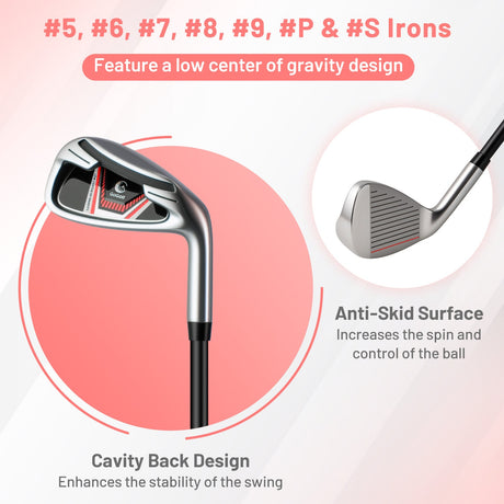 Juego completo de palos de golf y bolsa para mujer con fundas para la cabeza y putter-Rojo
