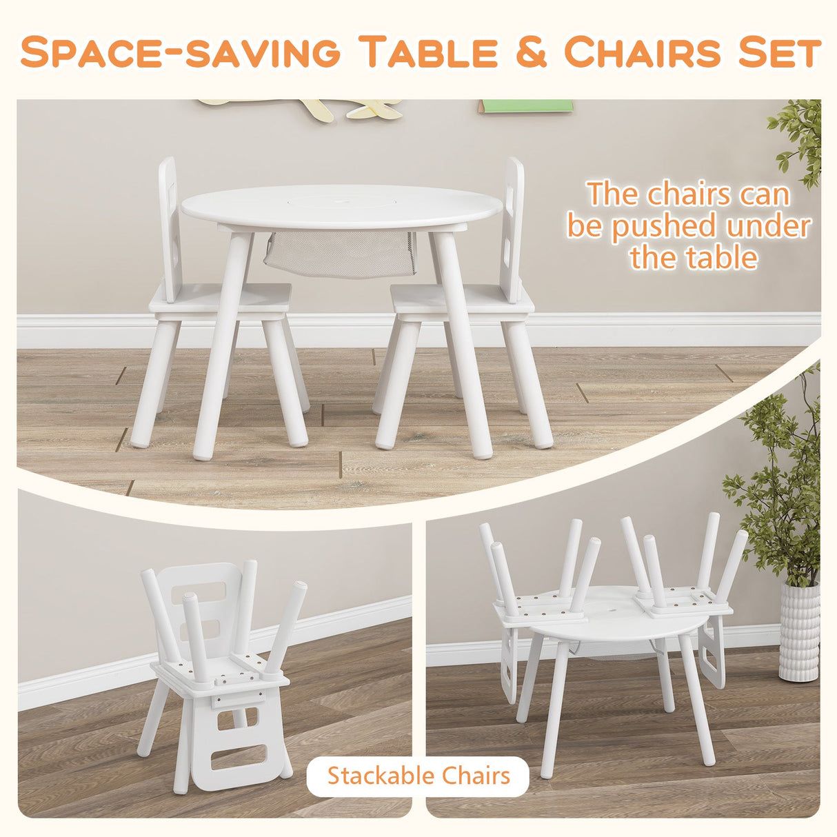 Mesa y sillas de madera para niños con almacenamiento central de malla, color blanco
