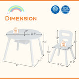 Mesa y sillas de madera para niños con almacenamiento central de malla, color blanco