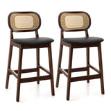 Taburetes de Bar de Madera con Respaldo de Ratán PE, Asiento Acolchado y Reposapiés - Marrón
