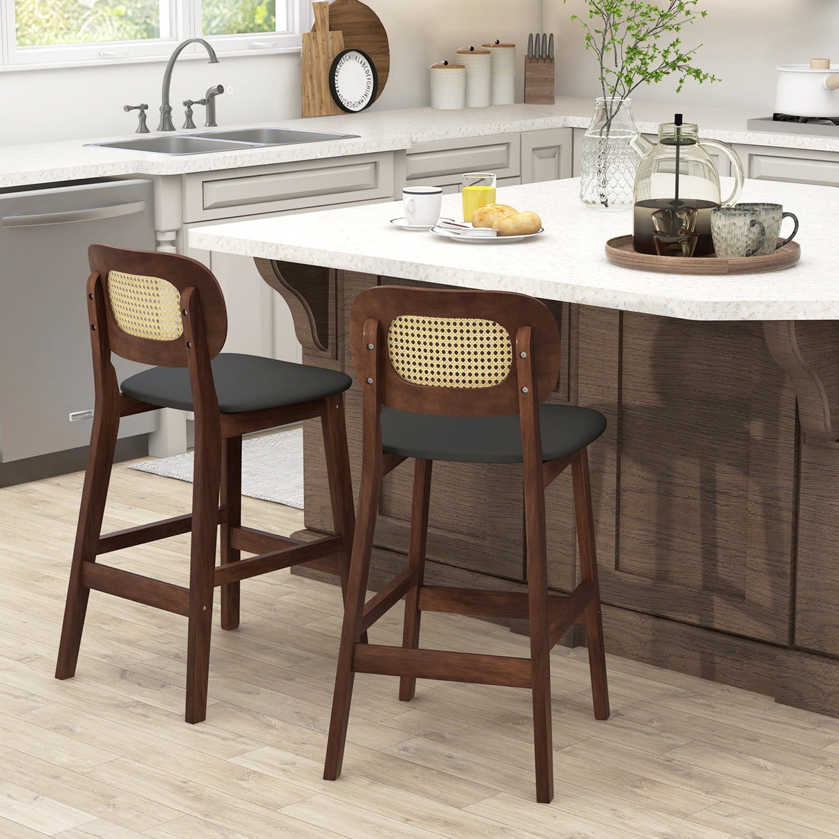Taburetes de Bar de Madera con Respaldo de Ratán PE, Asiento Acolchado y Reposapiés - Marrón