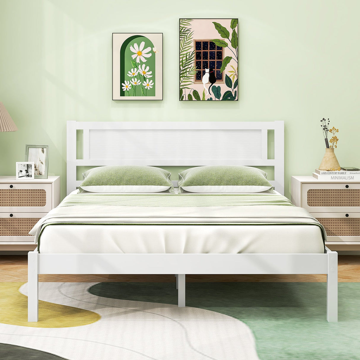 Armazón de cama de madera tamaño Twin/Full/Queen con cabecera y soporte de listones de madera