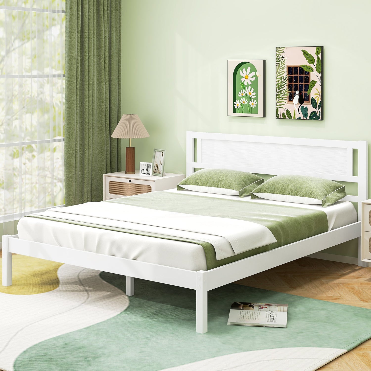 Armazón de cama de madera tamaño Twin/Full/Queen con cabecera y soporte de listones de madera