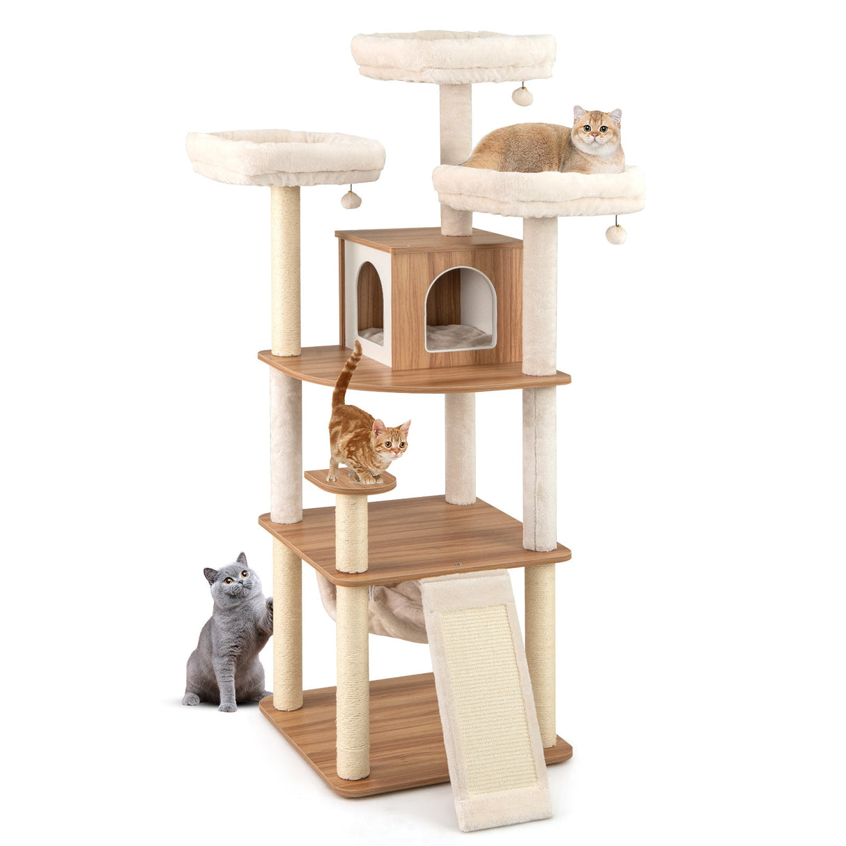 Árbol para gatos de 68 pulgadas de alto con 3 perchas acolchadas, condominio y postes rascadores de sisal - Natural