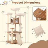 Árbol para gatos de 68 pulgadas de alto con 3 perchas acolchadas, condominio y postes rascadores de sisal - Natural