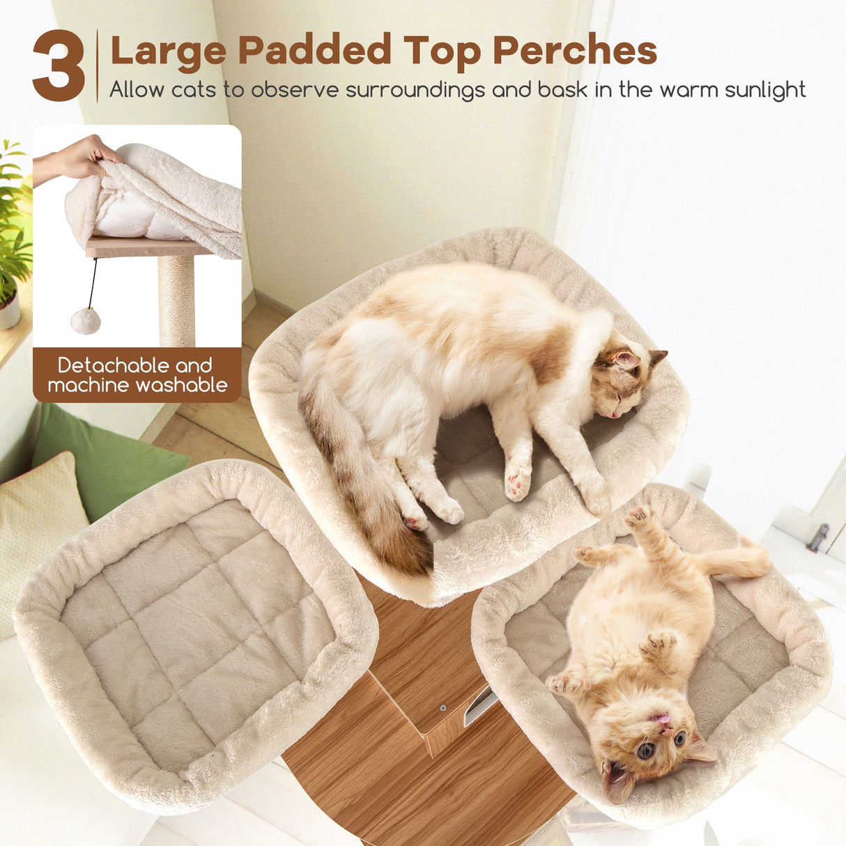 Árbol para gatos de 68 pulgadas de alto con 3 perchas acolchadas, condominio y postes rascadores de sisal - Natural