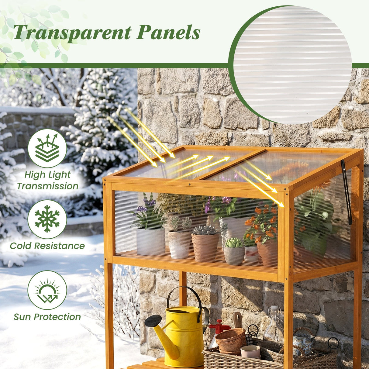 Invernadero de Madera con Techo Transparente Abatible y Estante de Almacenamiento de Listones - Naranja