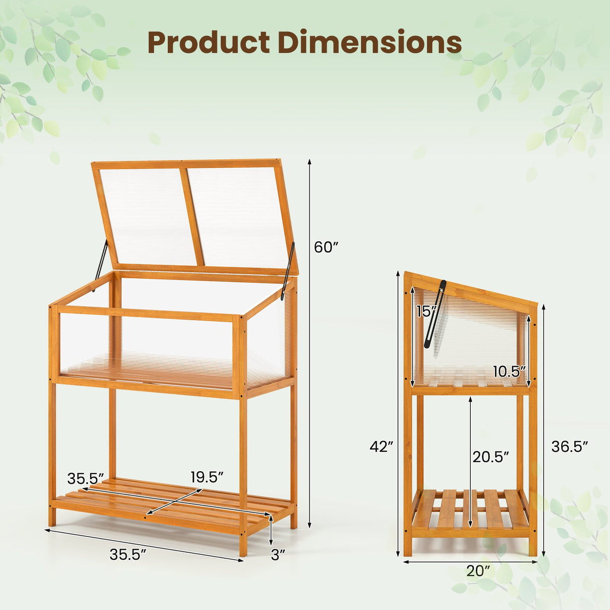 Invernadero de Madera con Techo Transparente Abatible y Estante de Almacenamiento de Listones - Naranja