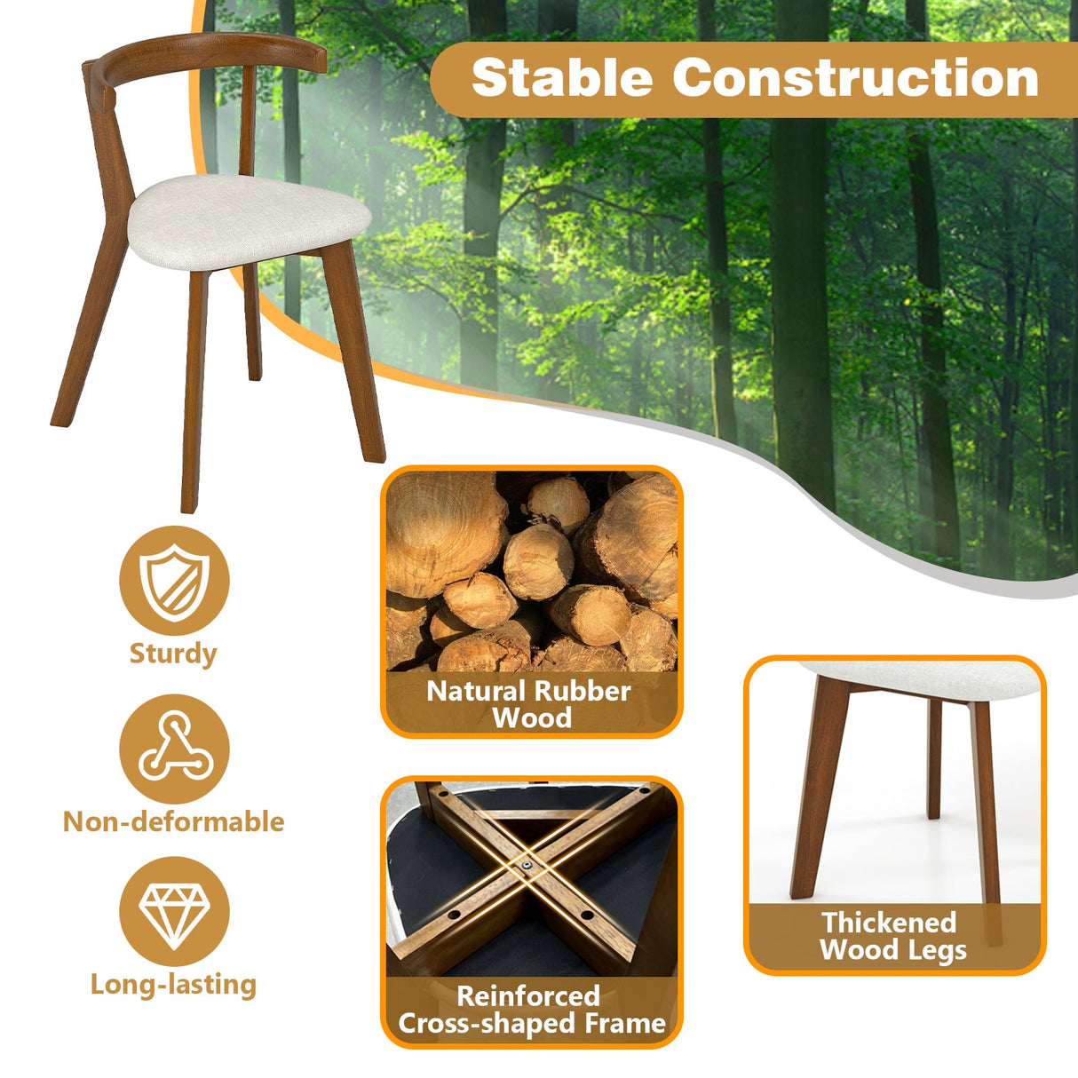 Juego de 2 sillas de comedor de madera con asiento acolchado y respaldo curvo - Nogal