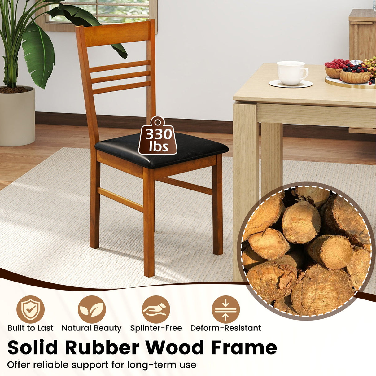 Sillas de comedor de madera, juego de 4 con estructura de madera de caucho