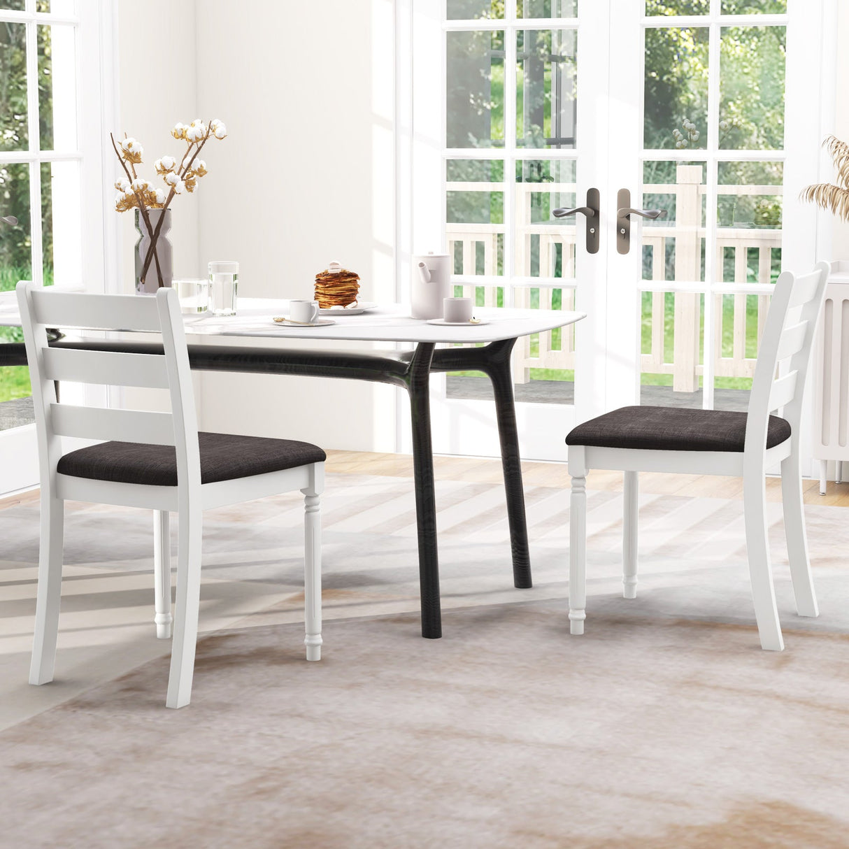 Juego de 2 sillas de comedor de madera de caucho con asiento tapizado - Blanco