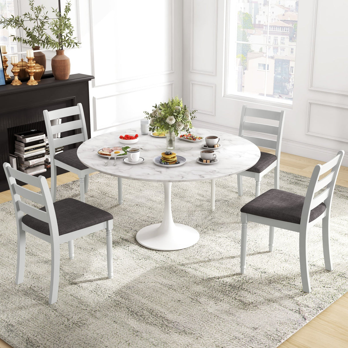 Juego de 2 sillas de comedor de madera de caucho con asiento tapizado - Blanco