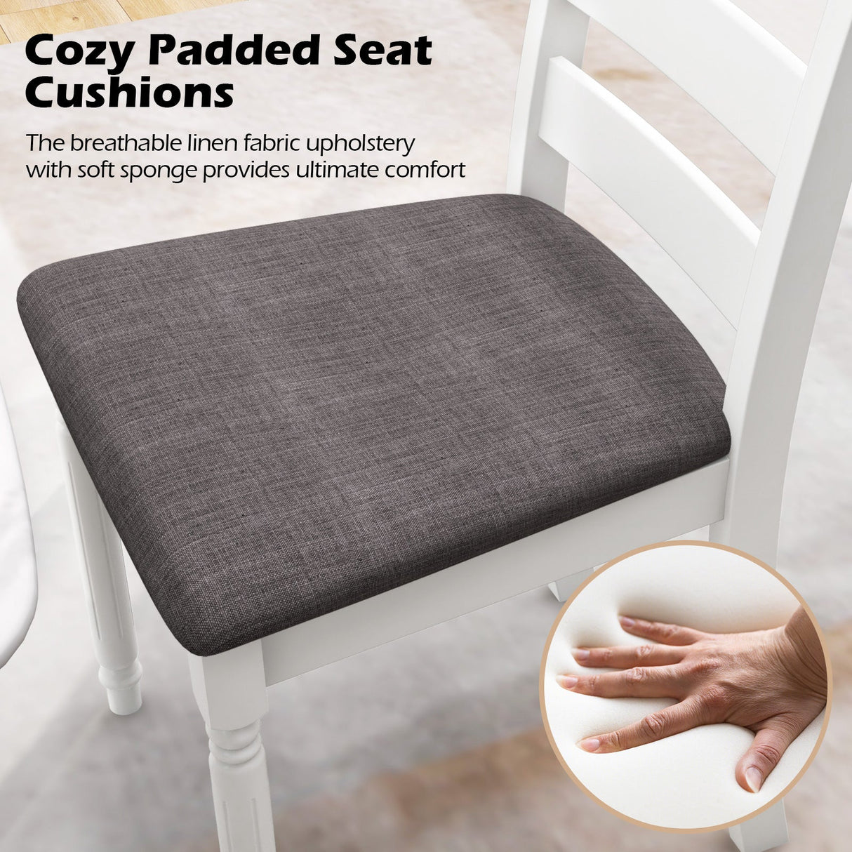 Juego de 2 sillas de comedor de madera de caucho con asiento tapizado - Blanco