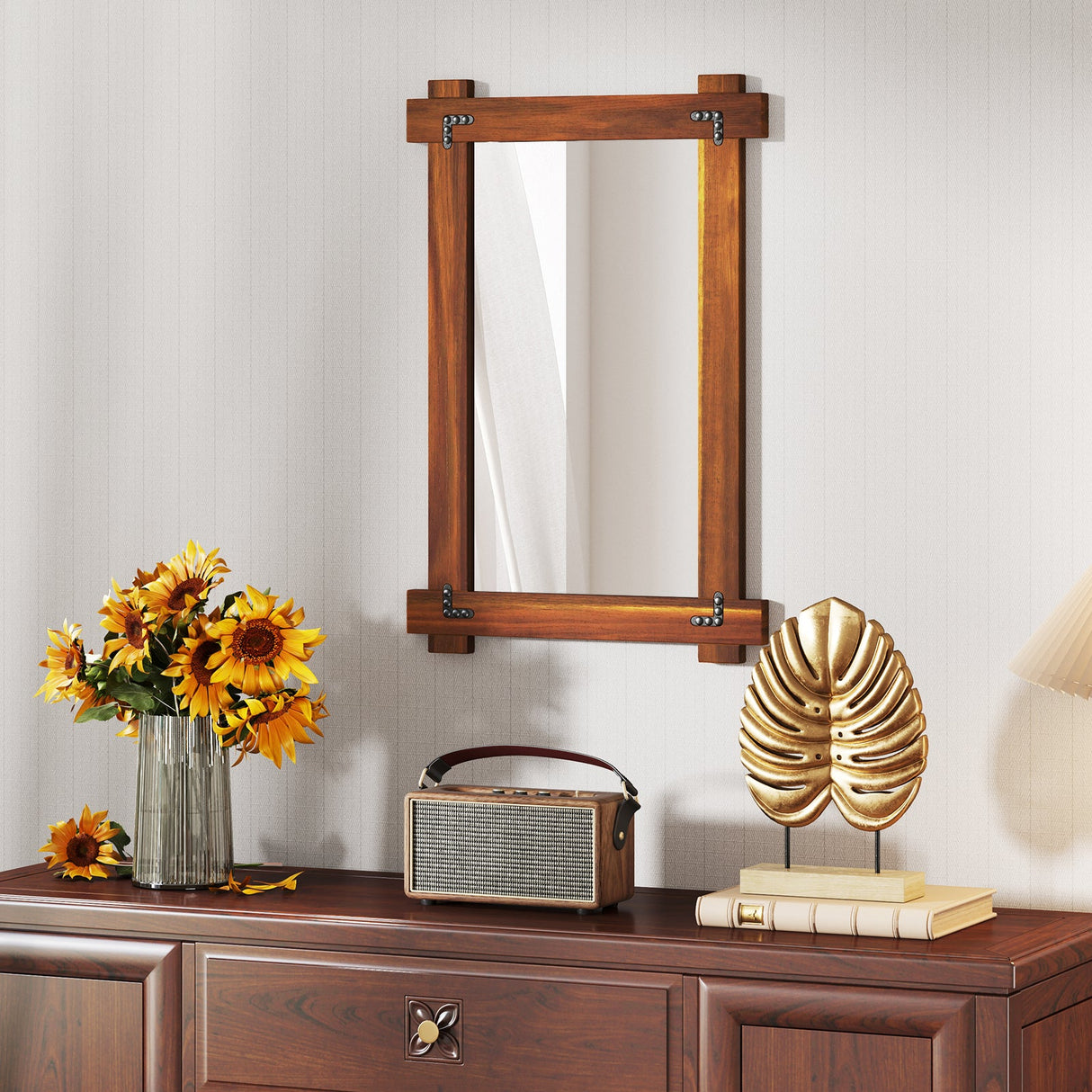 Wood Framed Mirror with Acacia Wood Frame and Vintage Rivet Design Brown