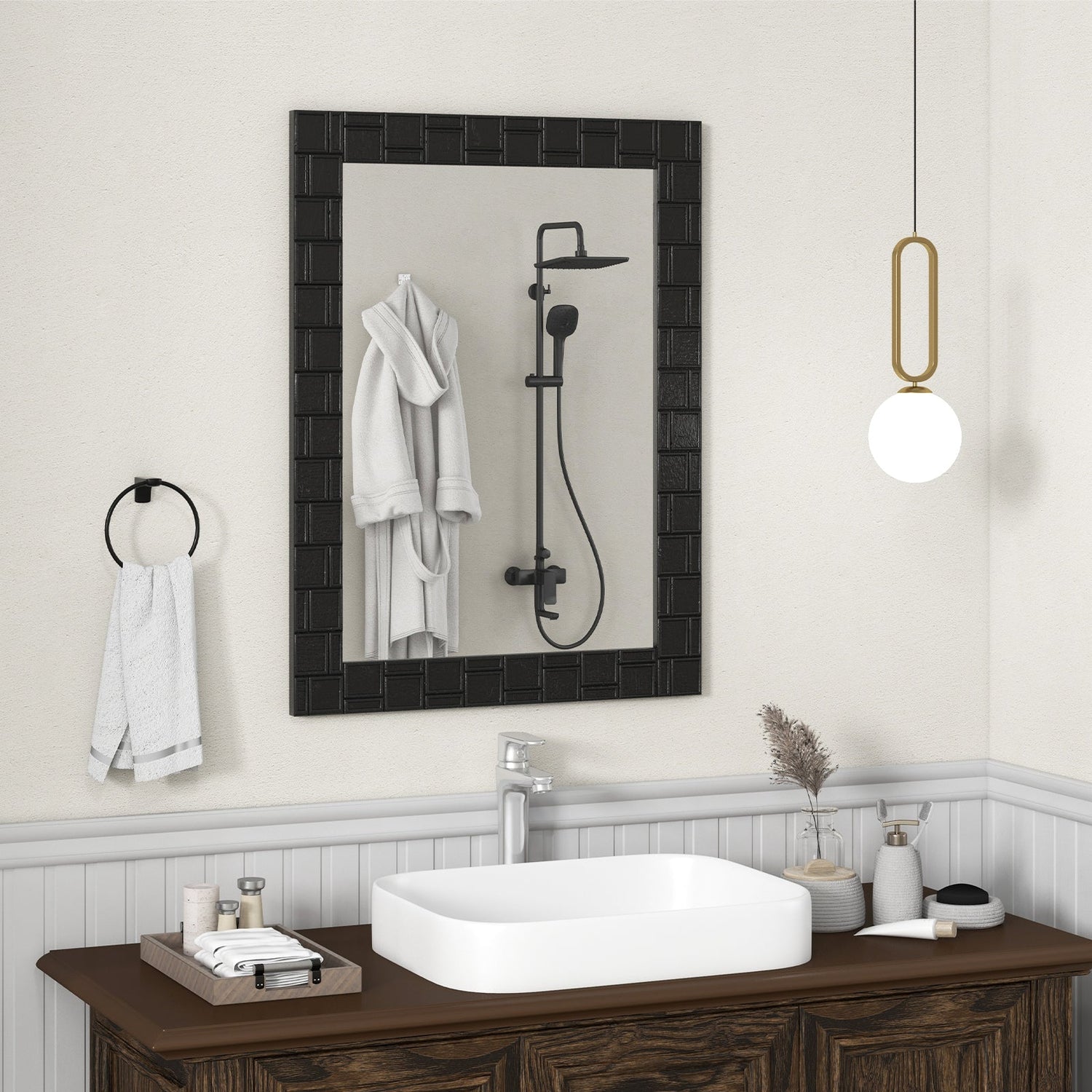 Espejo de pared con marco de madera, espejo de tocador rectangular para sala de estar o recibidor, negro