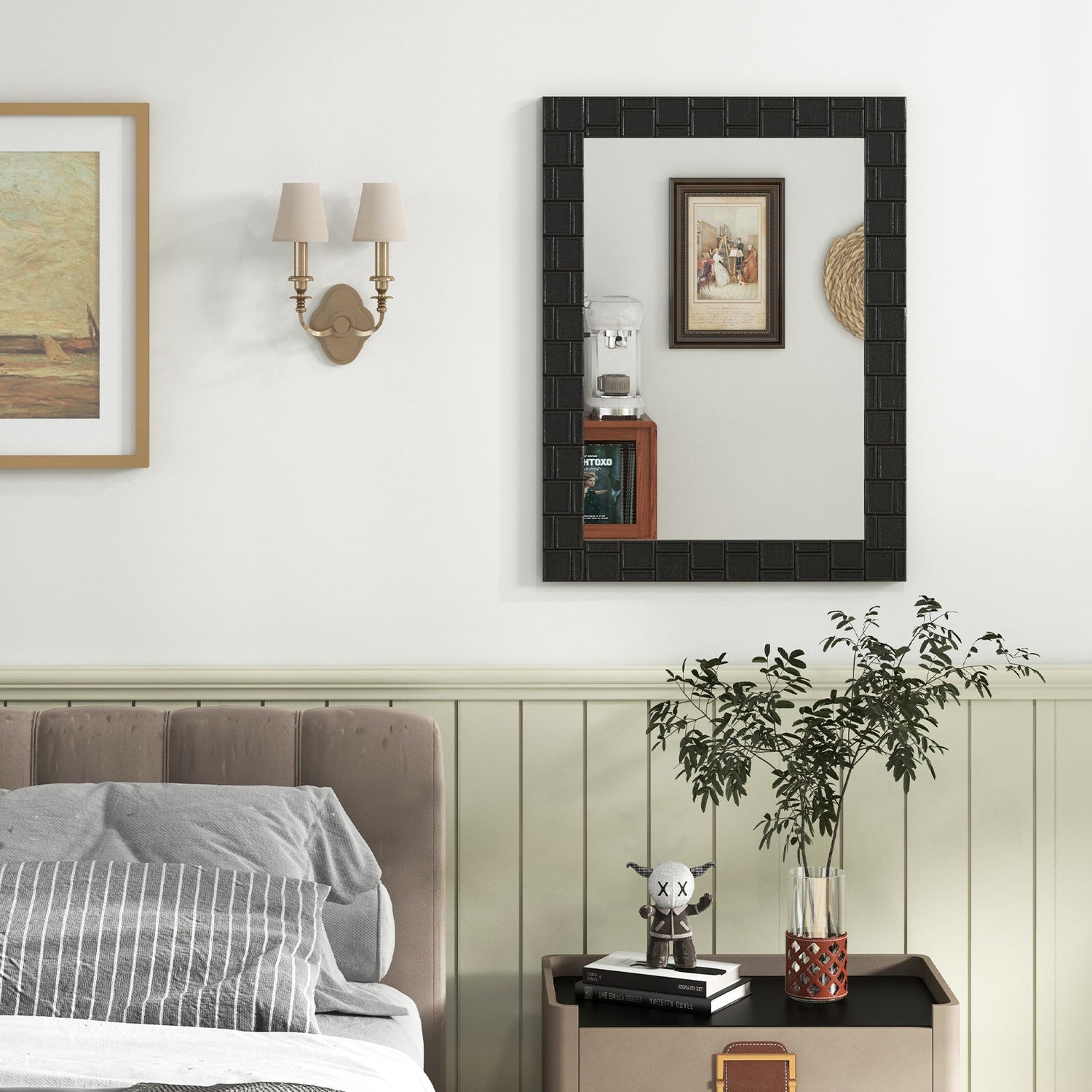 Espejo de pared con marco de madera, espejo de tocador rectangular para sala de estar o recibidor, negro