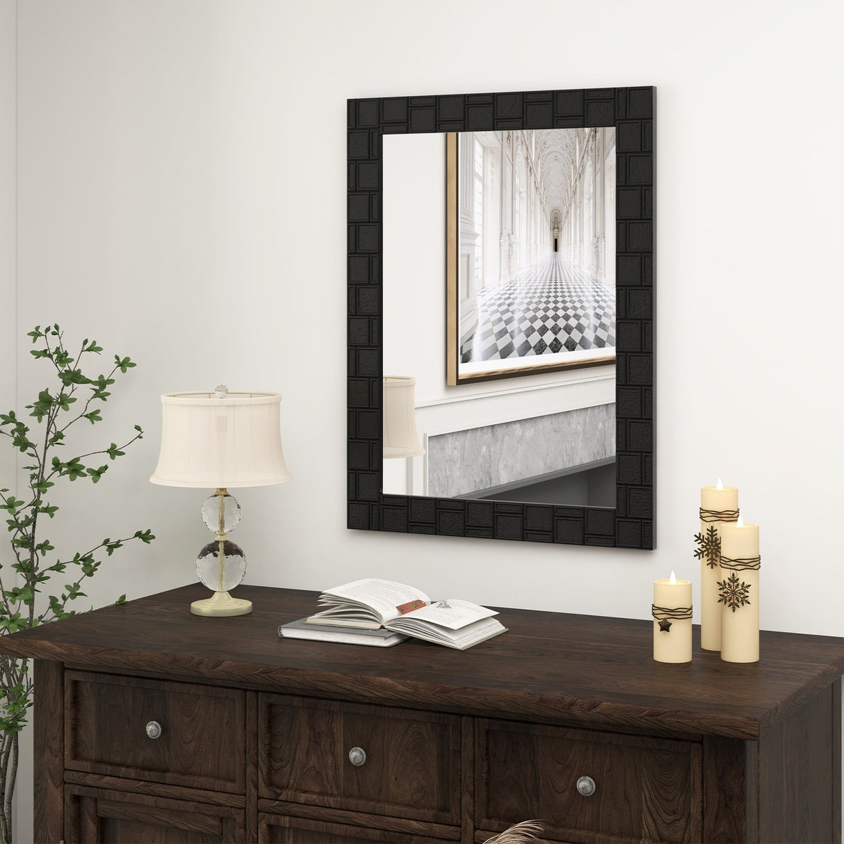 Espejo de pared con marco de madera, espejo de tocador rectangular para sala de estar o recibidor, negro