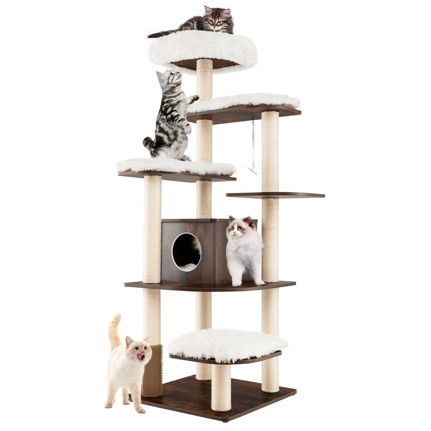 Árbol para gatos de madera de 7 niveles, torre alta para gatos con postes de sisal y condominio