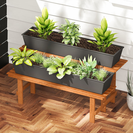 Estante de madera de 2 niveles para plantas, estantería tipo escalera para plantas, para interiores y exteriores