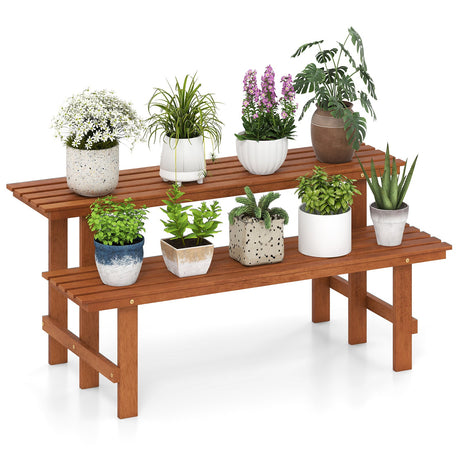Estante de madera de 2 niveles para plantas, estantería tipo escalera para plantas, para interiores y exteriores