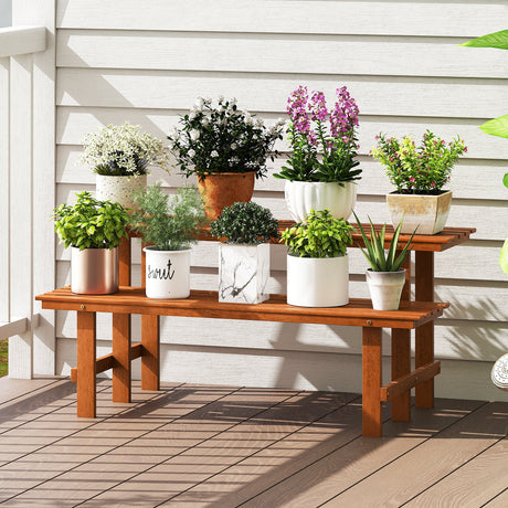 Estante de madera de 2 niveles para plantas, estantería tipo escalera para plantas, para interiores y exteriores