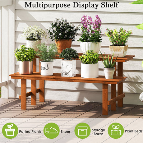 Estante de madera de 2 niveles para plantas, estantería tipo escalera para plantas, para interiores y exteriores
