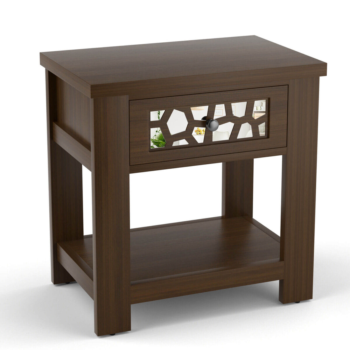 Mesa auxiliar retro de madera con cajón de cristal espejado y estante de almacenamiento abierto