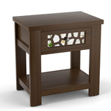 Mesa auxiliar retro de madera con cajón de cristal espejado y estante de almacenamiento abierto