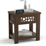 Mesa auxiliar retro de madera con cajón de cristal espejado y estante de almacenamiento abierto