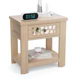 Mesa auxiliar retro de madera con cajón de cristal espejado y estante de almacenamiento abierto