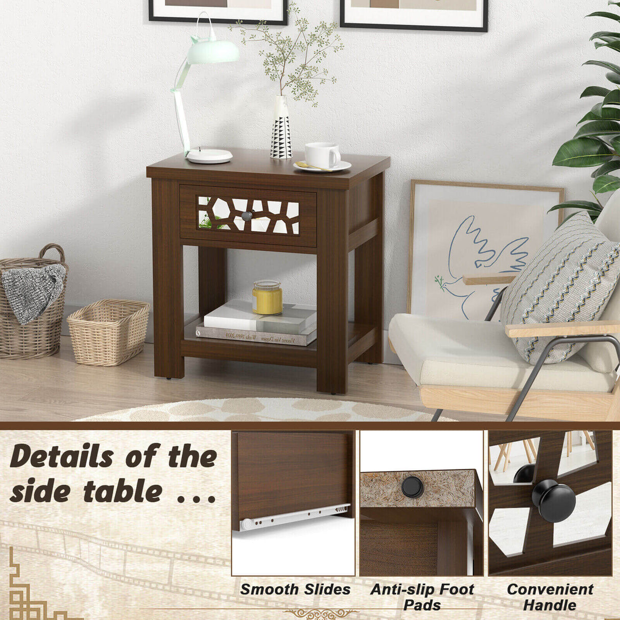 Mesa auxiliar retro de madera con cajón de cristal espejado y estante de almacenamiento abierto