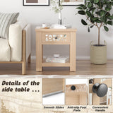 Mesa auxiliar retro de madera con cajón de cristal espejado y estante de almacenamiento abierto