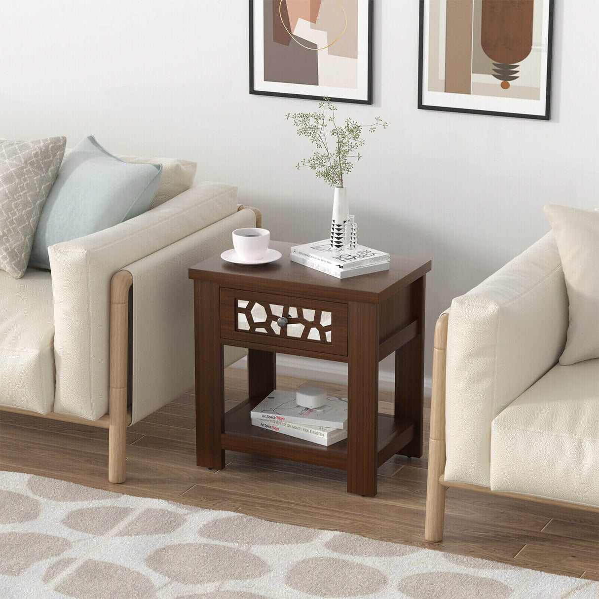 Mesa auxiliar retro de madera con cajón de cristal espejado y estante de almacenamiento abierto