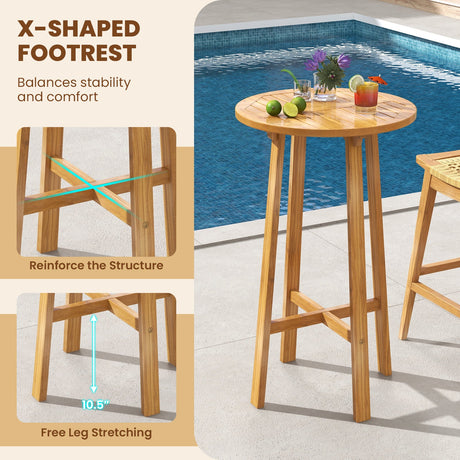 Mesa de bar redonda de madera de teca de 24 pulgadas con reposapiés para interiores y exteriores