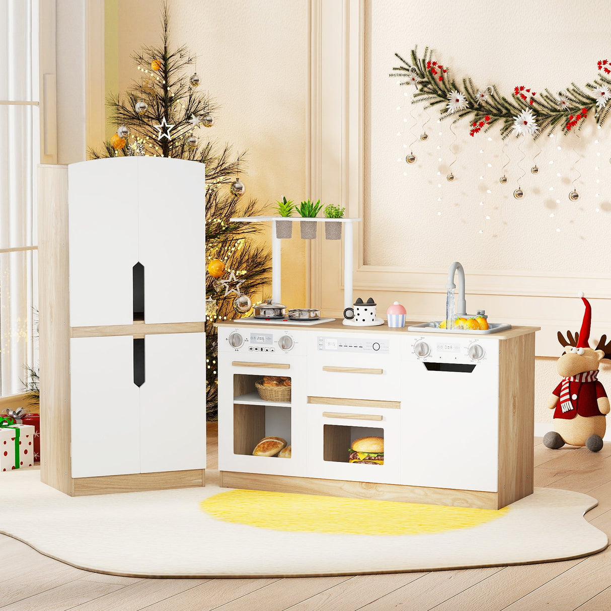 Juego de cocina infantil de madera de 2 piezas con nevera y agua corriente