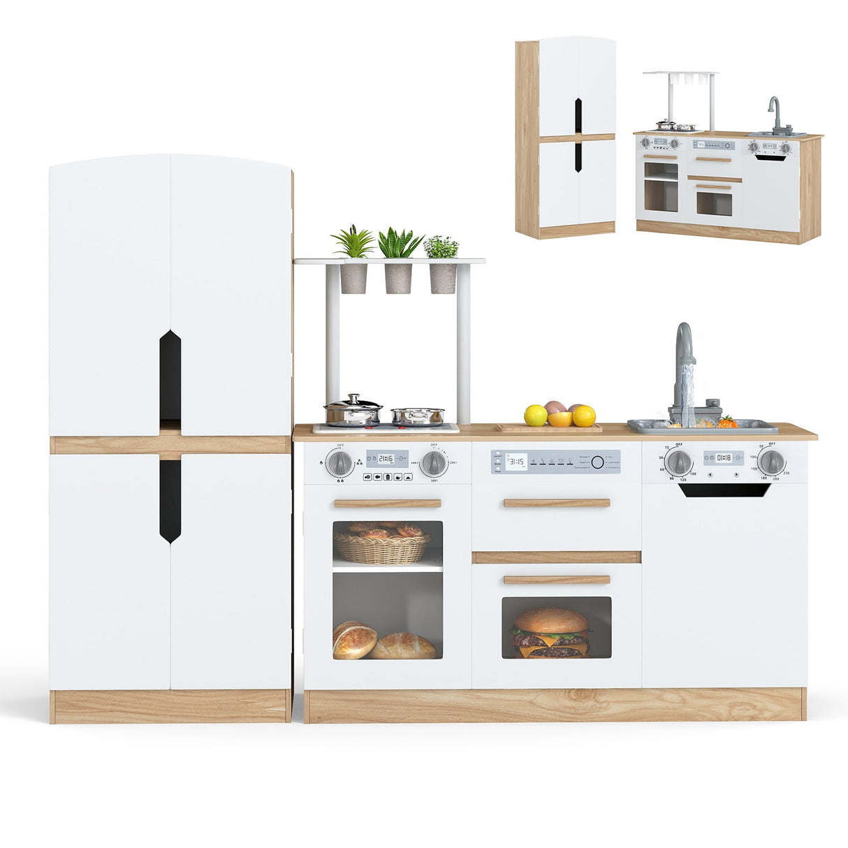 Juego de cocina infantil de madera de 2 piezas con nevera y agua corriente