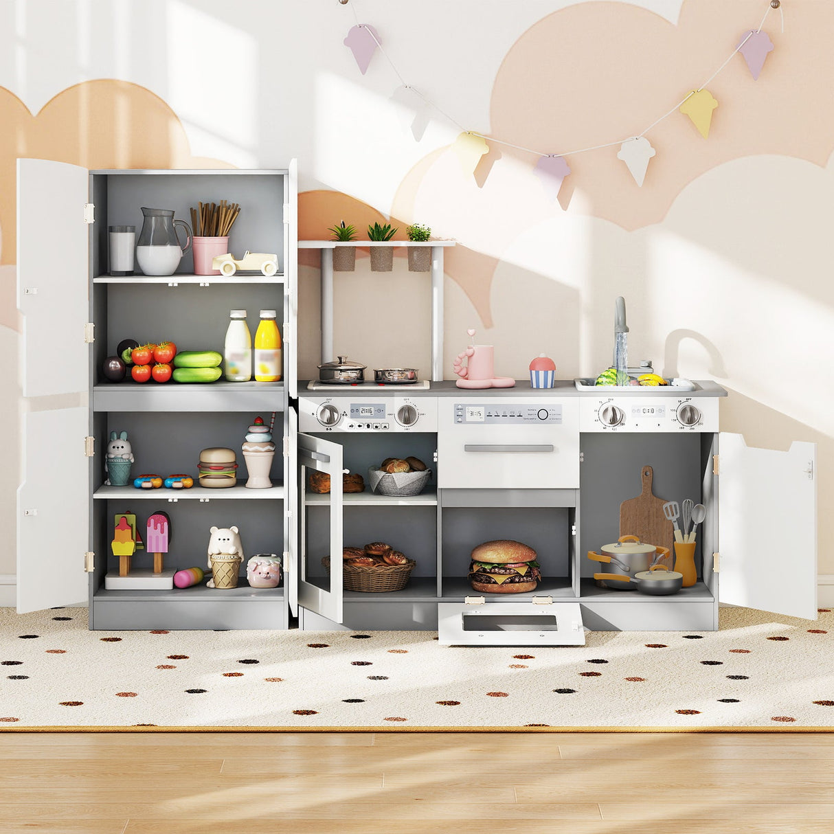 Juego de cocina infantil de madera de 2 piezas con nevera y agua corriente
