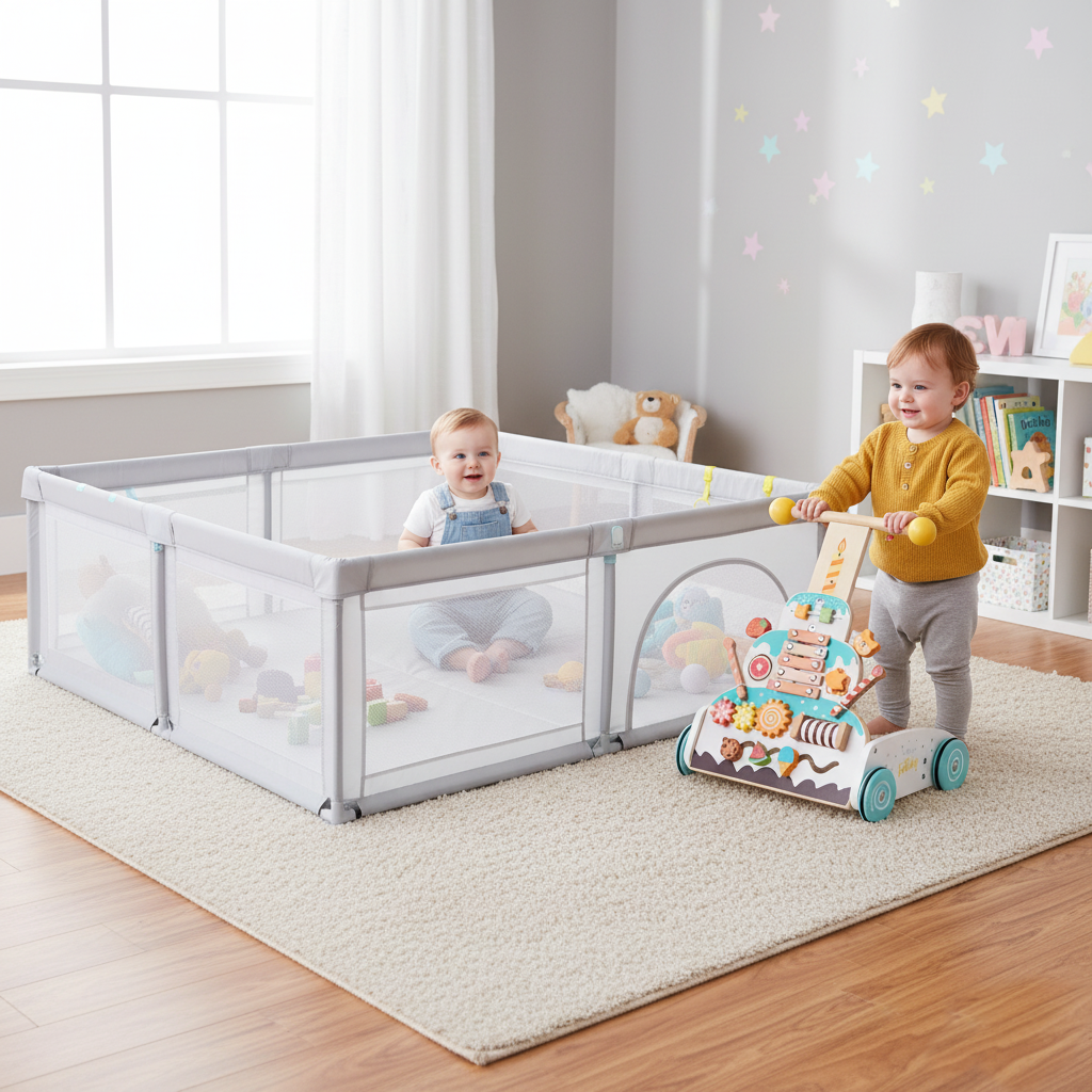 Andador de madera y corral grande para bebés - Paquete