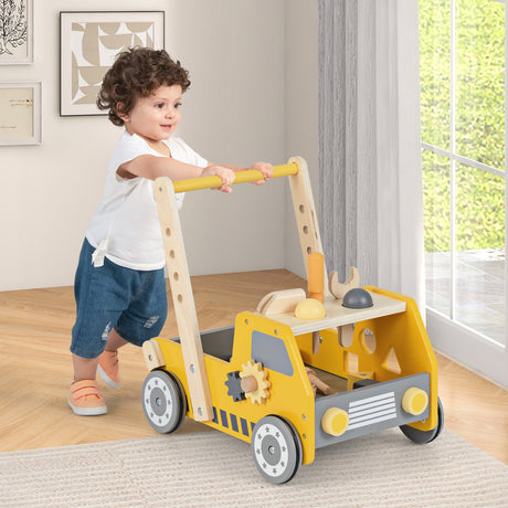Andador de madera 2 en 1 con velocidad ajustable y almacenamiento inferior - Amarillo