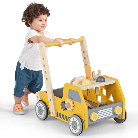 Andador de madera 2 en 1 con velocidad ajustable y almacenamiento inferior - Amarillo