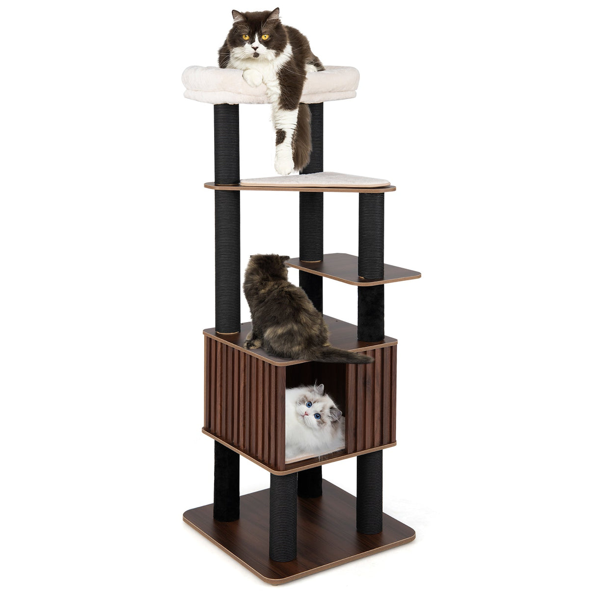 Rascador de Gato de Madera con Plataforma Superior Acolchada Suave - Marrón