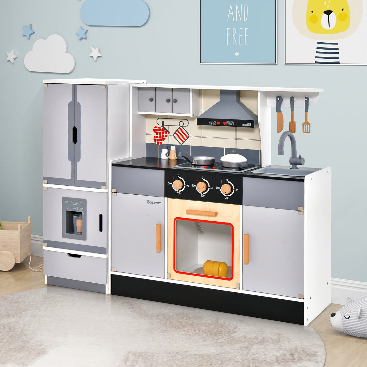 Cocina de juguete de madera Chef y refrigerador con campana extractora y asador realistas
