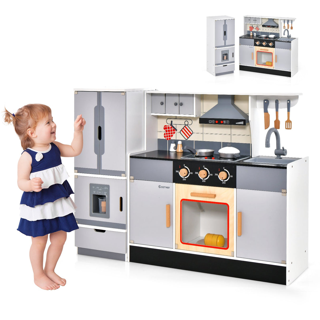 Cocina de juguete de madera Chef y refrigerador con campana extractora y asador realistas