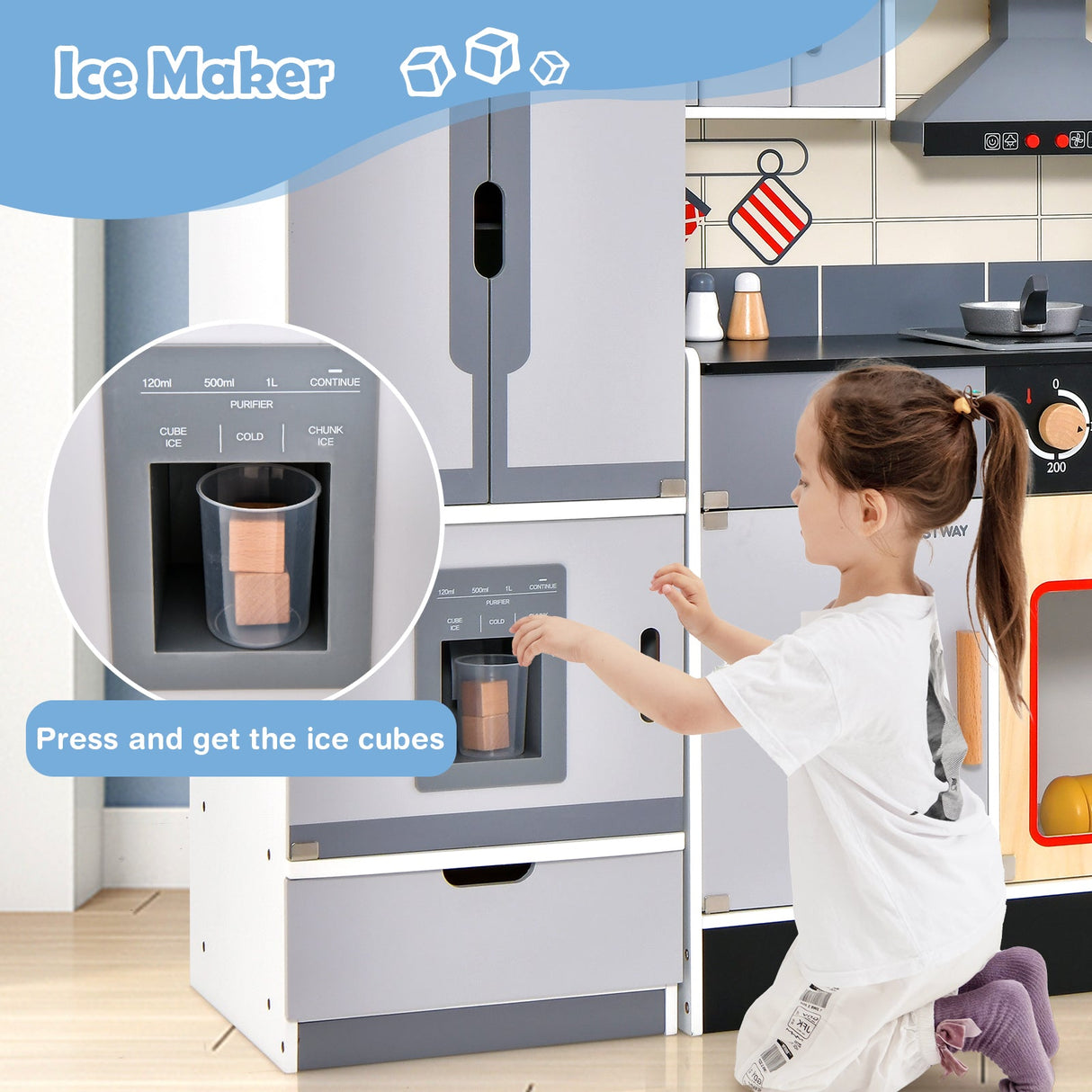 Cocina de juguete de madera Chef y refrigerador con campana extractora y asador realistas