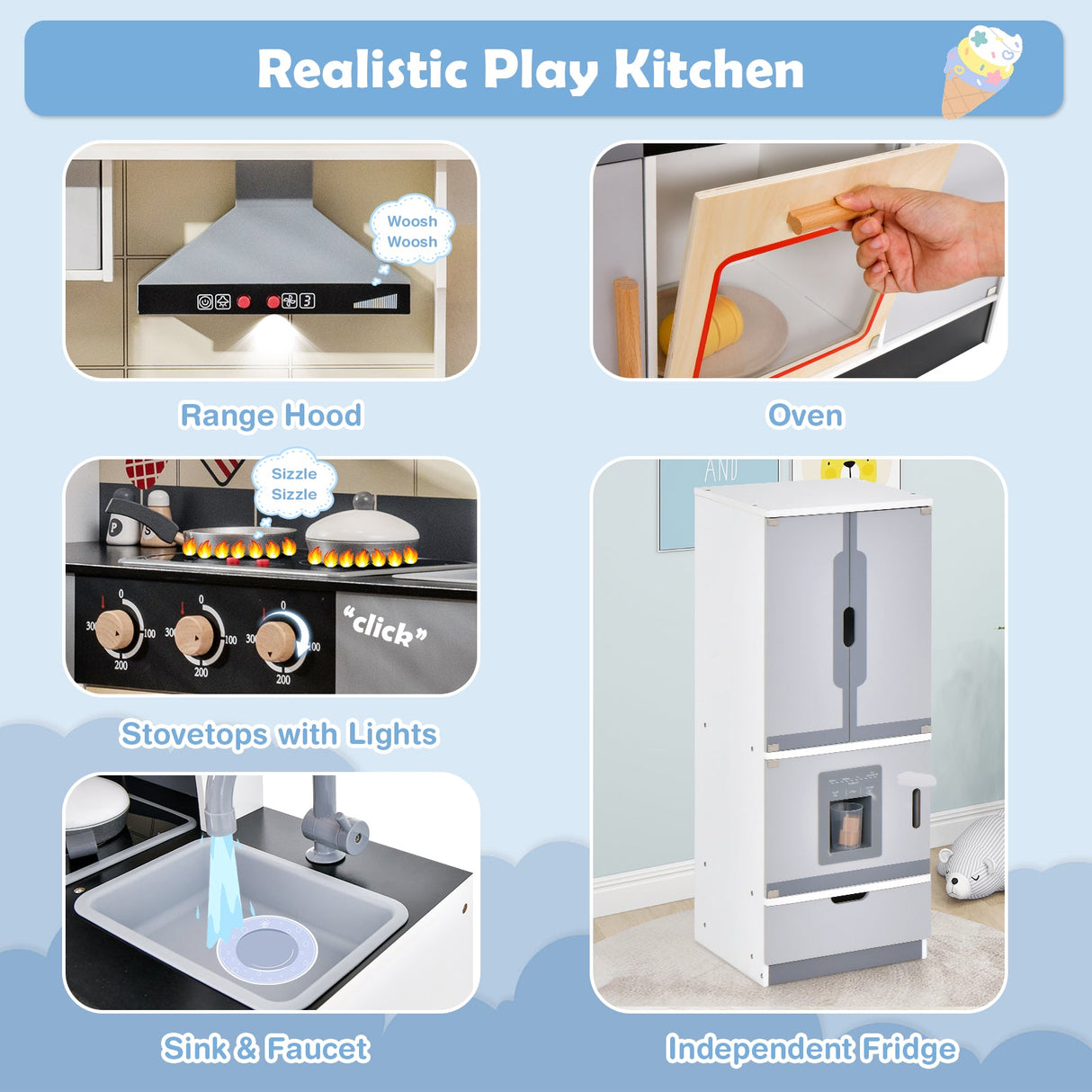 Cocina de juguete de madera Chef y refrigerador con campana extractora y asador realistas