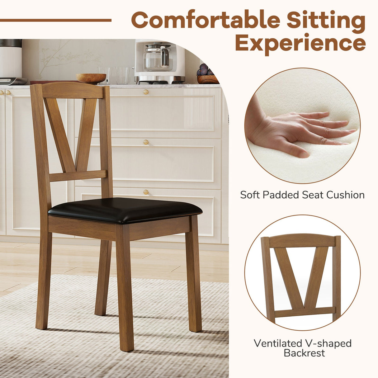 Wooden Dining Chair Set of 2 with PU Leather Upholstered and Rubber Wood Frame-Brown